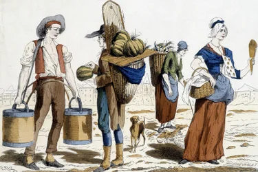 Illustration von Pariser Kostümen im 18. Jahrhundert: Wasserträger, Melonenhändler, Lumpensammler, Vergnügungshändler.