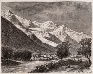 Das Tal von Chamonix und der Mont Blanc - Gravur in „La France illustree: geographie, histoire, administration statistique“ von V.A. Malt-Brown. 1884