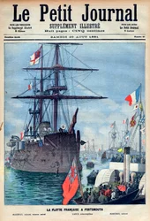 Die französische Flotte in Portsmouth: Flaggschiff „Marengo“, der Aviso-Torpedo „Lance“ und das Schlachtschiff „Marceau“, Titelseite des Petit Journal vom 29. August 1891 (Gravur)
