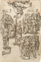Hoffnung, die nach dem Himmel greift, steht unter traurigen und glücklichen Männern, Freuden und Ängsten (fol. 19 Vorderseite)
