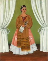 Frida Kahlo zwischen zwei Vorhängen/Selbstporträt gewidmet Leon Trotsky
