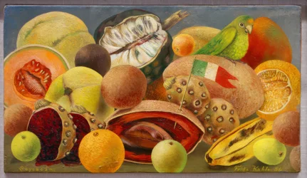 Stillleben mit Papagei und Fahne