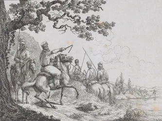 Kosaken reiten entlang eines Flussufers, 1814