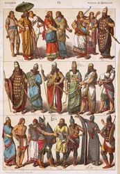 Trachten der Assyrer und Babylonier, von Friedrich Hottenroth (1840-1917), Lithografie, assyrisch-babylonische Zivilisation