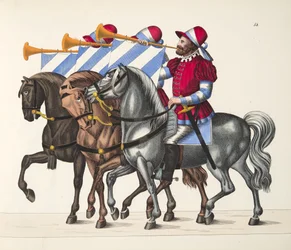 Drei Musiker bei einem Turnier, Platte aus Eine Geschichte der Entwicklung und Bräuche der Ritterlichkeit, von Dr. Franz Kottenkamp, veröffentlicht von Carl Hoffmann, 1842