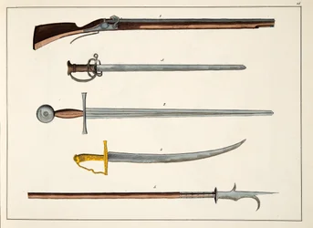 Waffen einschließlich Schwerter und Speere, ca. 1400, Tafel aus A History of the Development and Customs of Chivalry, von Dr. Franz Kottenkamp, veröffentlicht von Carl Hoffmann, 1842