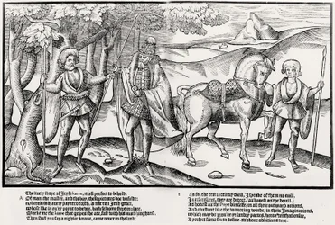Ein Soldat mit Streitaxt überreicht einem irischen Häuptling in voller Tracht einen Speer, mit einem Pagen, der das Pferd des Häuptlings hält, Tafel 1 aus 
