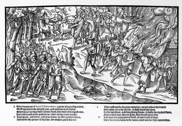 Eine bewaffnete Gruppe der Kerne, die Hellebarden und Piken tragen und von einem Pfeifer angeführt werden, greifen ein Bauernhaus an und brennen es nieder, Platte 2 aus 