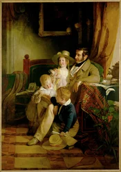 Rudolf von Arthaber und seine Kinder Rudolf Emilie und Gustav, das Bild ihrer verstorbenen Frau und Mutter betrachtend