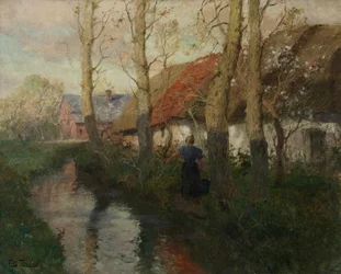 Ein Fluss in der Normandie mit einer Frau, die Wasser trägt