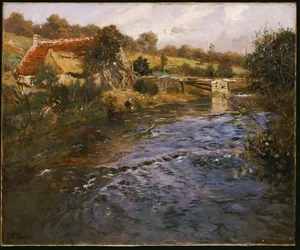 Flusslandschaft mit einer Wäscherin