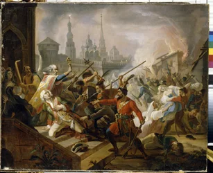 Bauernkrieg in Russland 1773-1775: Die Schlacht von Kasan im Juli 1774, Szene des Aufstands von Emelian Pugatschow