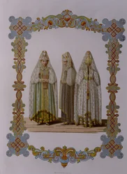 Kostüme von Mädchen aus Torzhok aus der Serie Kleidung des russischen Staates, 1851