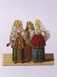 Kostüme von Frauen und Mädchen aus Twer aus der Serie Kleidung des russischen Staates, 1851