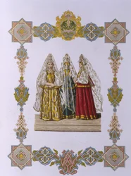 Sommerkostüme von Frauen aus Torzhok aus der Serie Kleidung des russischen Staates, 1851