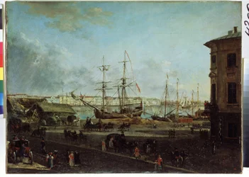 Blick auf die englische Uferpromenade von der Insel Vasilievski