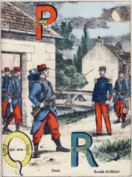 Buchstaben P Q und R: Post, Qui vive! und Offiziersrunde. Gravur in "Alphabet militaire", Grand-Bebe-Serie. Gravur. Pont-a-Mousson Imaging. Louis Vagne, Drucker-Verleger, um 1900. Illustrationen von G. Dascher. 20 Seiten. Dim: 31,5x24,5cm