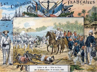 Die Belagerung von Kana durch General Alfred-Amedee Dodds (1842-1922) am 6. November 1892, graviert von L. Geisler