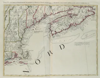 Akadien, die Provinzen Sagadahoc und Maine, New Hampshire, Rhode Island und Teil von Massachusetts und Connecticut, Kupferstich von G. Zuliani aus Band I des "Neuesten Atlas" veröffentlicht in Venedig 1778 von Antonio Zatta, Privatsammlung