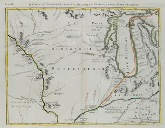 Land der Outagamie, Mascoutin, Illinois-Indianer und Teil der Sechs Nationen, Stich von G. Zuliani aus Band I des "Neuesten Atlas" veröffentlicht in Venedig 1778 von Antonio Zatta, Privatsammlung