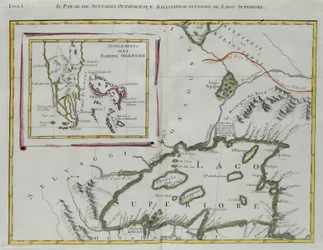 Land der Ottawa- und Kilistine-Indianer um den Oberen See und ein Zusatz von Ostflorida, Stich von G. Zuliani aus Band I des "Neuesten Atlas" veröffentlicht in Venedig 1778 von Antonio Zatta, Privatsammlung