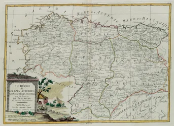 Die Königreiche Galicien, Asturien, León, Castilla Vieja mit dem Rat von Biscallia, Stich von G. Zuliani aus Band I des Neuesten Atlas, veröffentlicht in Venedig 1776 von Antonio Zatta, Privatsammlung