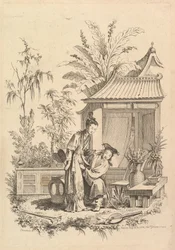 Chinoiserie-Szene mit Figuren in einer Landschaft, 18. Jahrhundert
