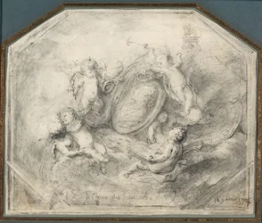 Ein Porträtmedaillon von König Ludwig XV, umgeben von Putti, die die Attribute des Ruhms und der Geschichte tragen