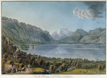 Genfersee mit Montreux, dem Château de Chillon und den Dents du Midi