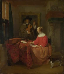 Eine Frau sitzt an einem Tisch und ein Mann stimmt eine Violine, um 1657-1658