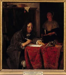 Der Schriftsteller. Dienerin hält eine Kerze, damit der Schreiber Licht zum Schreiben hat