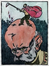 Franz Joseph I. von Österreich mit dem Tod auf seinem Kopf, der ausruft: Was für ein harter Kopf! 1915 (Gravur)