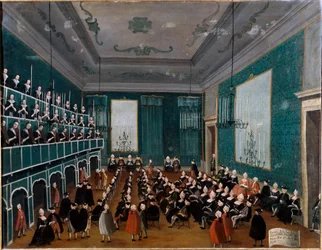Die Kantate der Mädchen der Ospedali. Gruppe von Waisenkindern, die in venezianischen Hospitälern aufgenommen wurden und zur Zeit Antonio Vivaldis in Chören sangen. Gemälde von Gabriel Bella (1730-1799), 18. Jahrhundert, Palazzo Querini Stampalia, Venedig