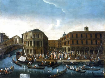 Durchgang der Stadtvertreter zum Rialto. Gemälde von Gabriel Bella. Zweite Hälfte des 18. Jahrhunderts. Bildergalerie Querini Stampalia, Venedig (?).