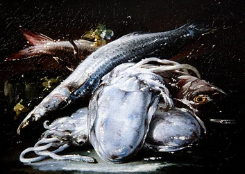 Tintenfisch, Grauer Meeräsche und Roter Meeräsche auf einem Steinvorsprung ruhend