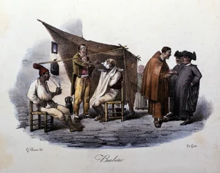 Kleines Metier der Stadt Neapel: ein gehender Barbier und Plauderei auf der Straße. Lithographie von G. Dura
