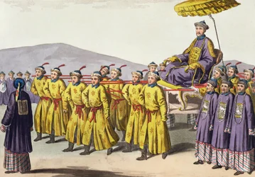 Kaiser Chien Lung im Triumph getragen, Tafel 18 aus Le Costume Ancien et Moderne von Jules Ferrario, veröffentlicht ca. 1820er-30er Jahre