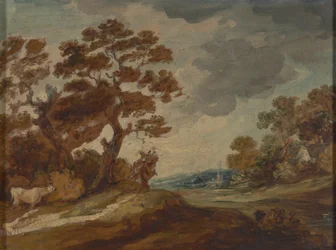 Landschaft: Kuh im linken Vordergrund