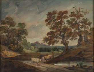 Landschaft: Drei Kühe in der Mitte des Vordergrunds