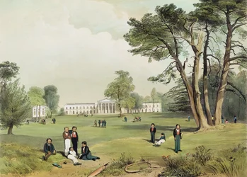 Protestantische Dissidenten-Grundschule & Kapelle, Mill Hill, Middlesex, nach der Natur gezeichnet von D. Fowler ca. 1830
