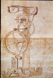 Uhr mit Pendel, untersucht vom italienischen Astronomen und Physiker Galileo Galilei (1564-1642) im Jahr 1638 zur Zeitmessung. Zeichnung. Florenz, Nationalbibliothek