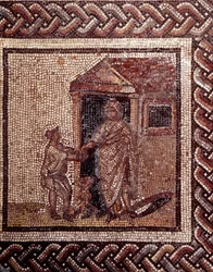 Gallorömische Kunst: Mosaikpflaster, das einen rustikalen Kalender darstellt. Feierliche Szene. Ende 2. Anfang 3. Jahrhundert nach Christus. Aus Saint-Romain-en-Gal (Rhône). Saint Germain en Laye, Nationalmuseum für Archäologie