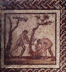 Gallorömische Kunst: Mosaikpflaster, das einen rustikalen Kalender darstellt. Szene des Dachdeckens. Ende 2. Anfang 3. Jahrhundert n. Chr. Aus Saint-Romain-en-Gal (Rhône). Saint Germain en Laye, Nationalmuseum für Archäologie