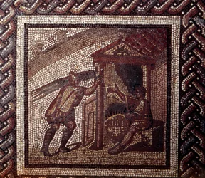 Gallorömische Kunst: Mosaikfußboden mit der Darstellung eines bäuerlichen Kalenders. Korbflechterei und Flechten von Körben. Ende des 2., Anfang des 3. Jahrhunderts n. Chr. Aus Saint-Romain-en-Gal (Rhône). Saint-Germain-en-Laye, Nationalmuseum für