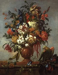 Stillleben mit Blumen in einer Urne und einem roten Papagei