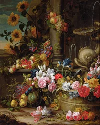 Stillleben mit Obst und Blumen
