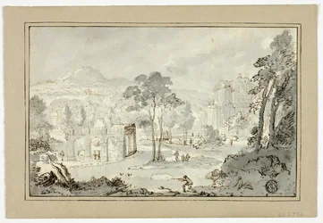 Jäger mit Hund, andere Figuren in Landschaft mit Villa, Kanal, Pyramide