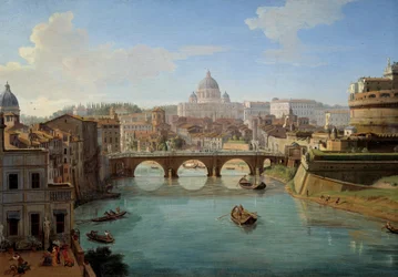 Ansicht der Basilika St. Peter in Rom, Detail des Gemäldes "Ansicht der Engelsburg in Rom" Panorama der Stadt, des Tiber und der Engelsburg, Mausoleum des Kaisers Hadrian, Gemälde von Gaspare Vanvitelli