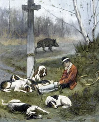 Der Jäger und seine schläfrigen Hunde (Gravur von Gaston Gelebert)