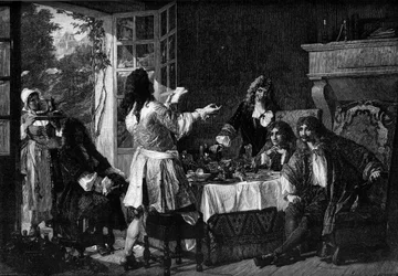 Abendessen bei Molière in Auteuil. Anspielung auf die Anekdote vom „Dîner d’Auteuil“, bei dem La Fontaine, Chapelle (Claude Emmanuel Lhuillier, genannt Chapelle), Racine und Boileau während einer Mahlzeit beschlossen, Selbstmord zu begehen. 17.